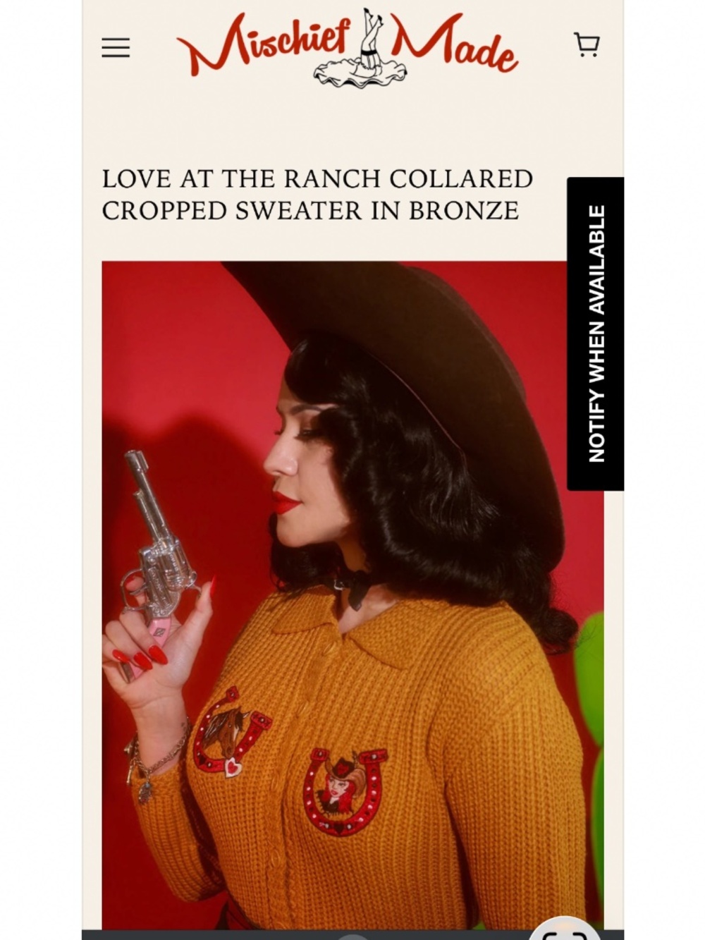 Mischief Made Love at the Ranch Collared Cropped Sweater in Bronze, Large, EUC